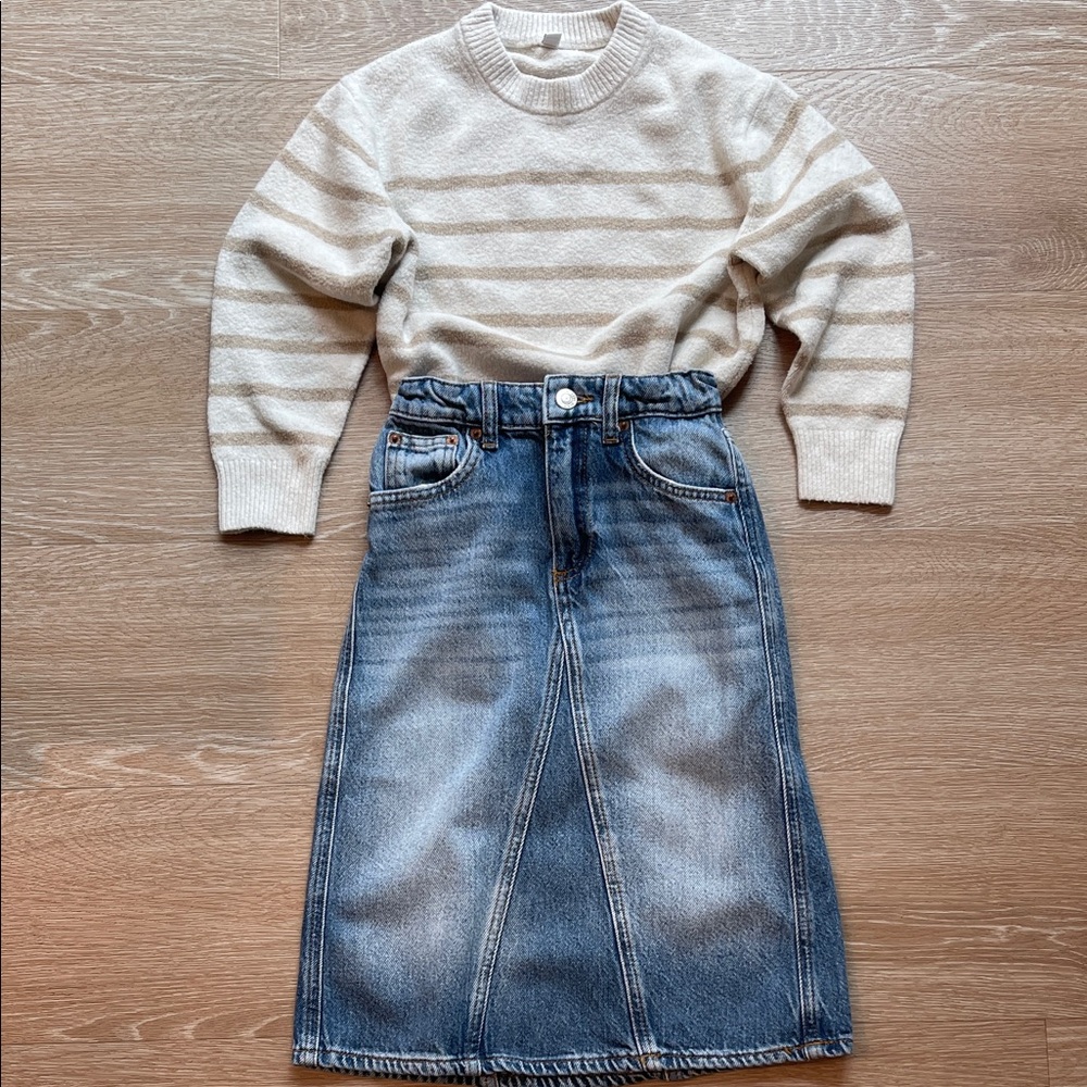 UNIQLO Striped Girls Kids Sweater and ZARA Denim Girls Skirt Set